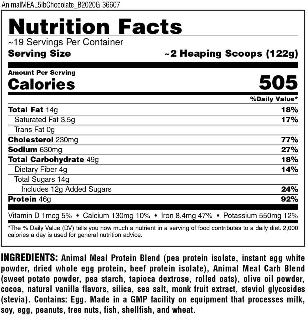Animal Meal - All Natural High Calorie Meal Shake - Egg Whites, Beef Protein, Pea Protein, Chocolate, 5 Pound (3930): Health & Personal Care