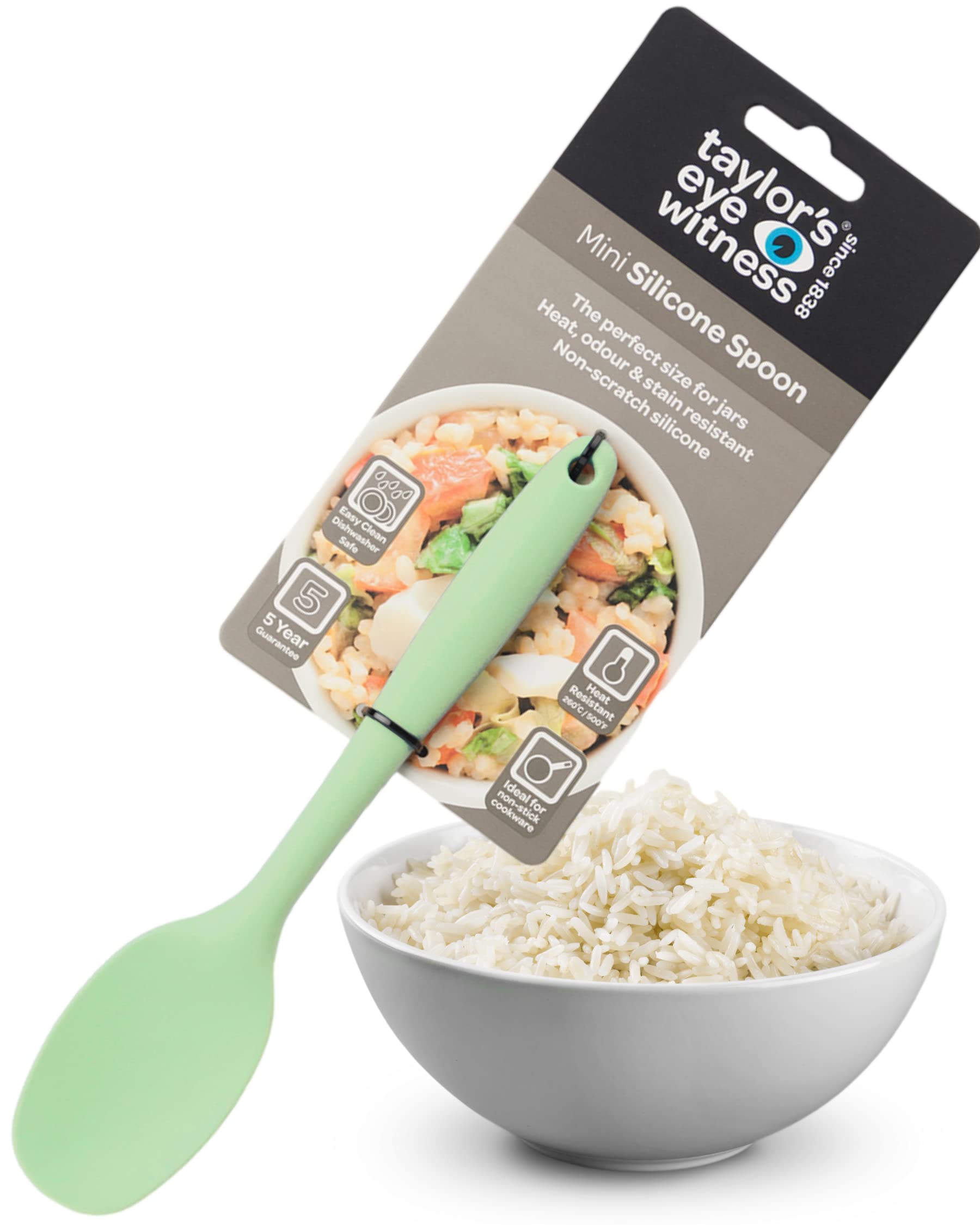 Taylors Eye Witness Mini Silicone Green Stirring Spoon - Dishwasher Safe, Heat Resistant 260°C/500°F. Perfect for Non-Stick Pans. Small Enough for Jars. Odour & Stain Resistant. 5 Year Guarantee