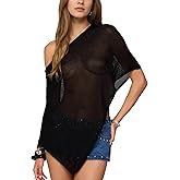 SeeLuNa Women Cover Up One Shoulder Knit Asymmetric Shrug Pullover Sweater Trendy Beach Vacation Sheer Poncho Mesh Blouse