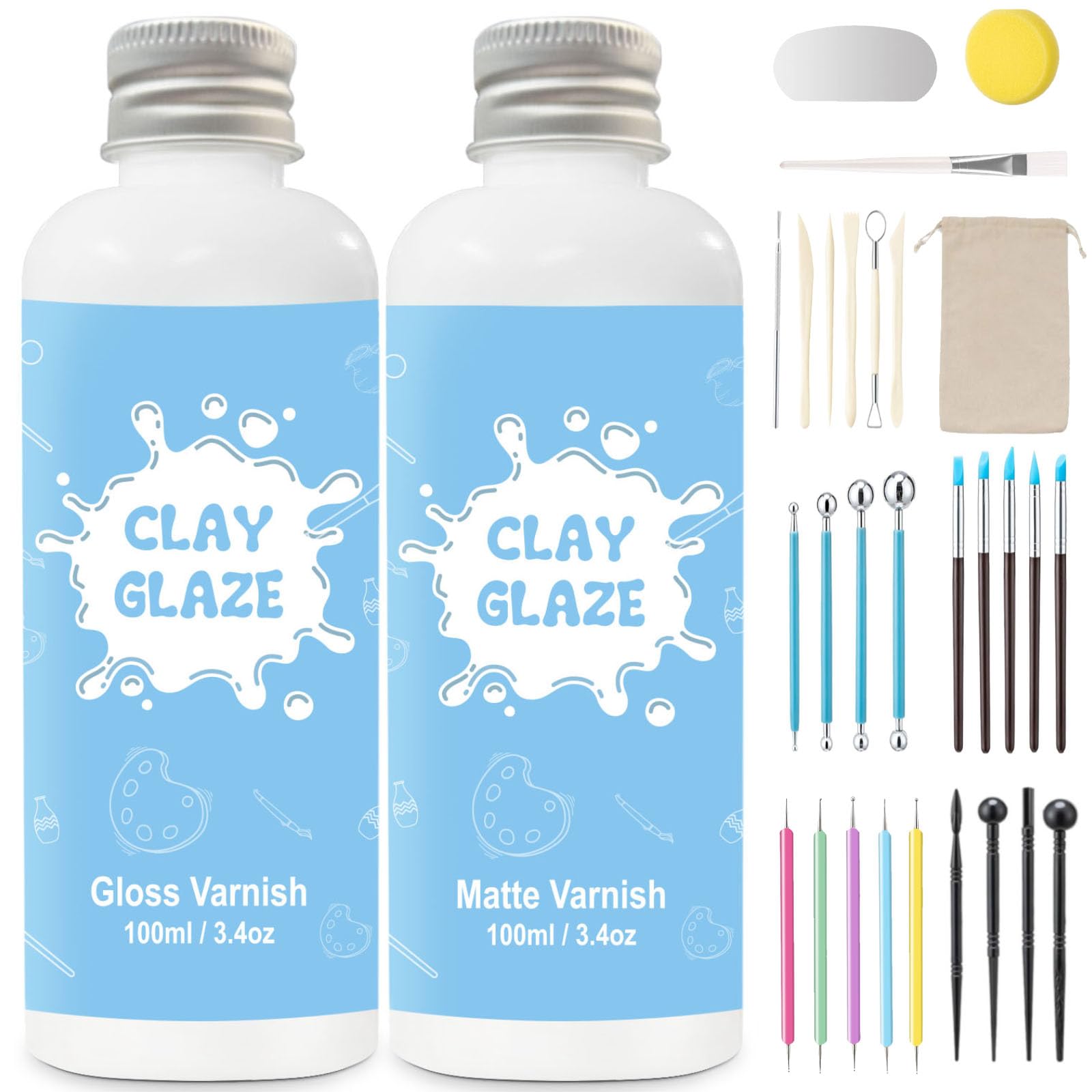 Photo 1 of EIGTWEN 2 x 100ml Air Dry Clay Glaze and 29pcs Clay Tools Kit, Gloss Airdry Varnish Protects Pottery from Surface Wear, Pottery Tools Can be Used for Stippling, Carving, Molding(Gloss+Matte)