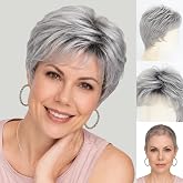 WIGYY Ash Silver Pixie Wig for Women, Short Layered Synthetic Wig with Bangs, Glueless Lightweight Hairpiece for White Older Women Everyday Natural Look