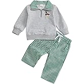 Gueuusu Toddler Baby Boy Girl Hunting Outfit Mallard Duck Embroidery Quarter Zip Collared Shirt Long Pants Set Clothes