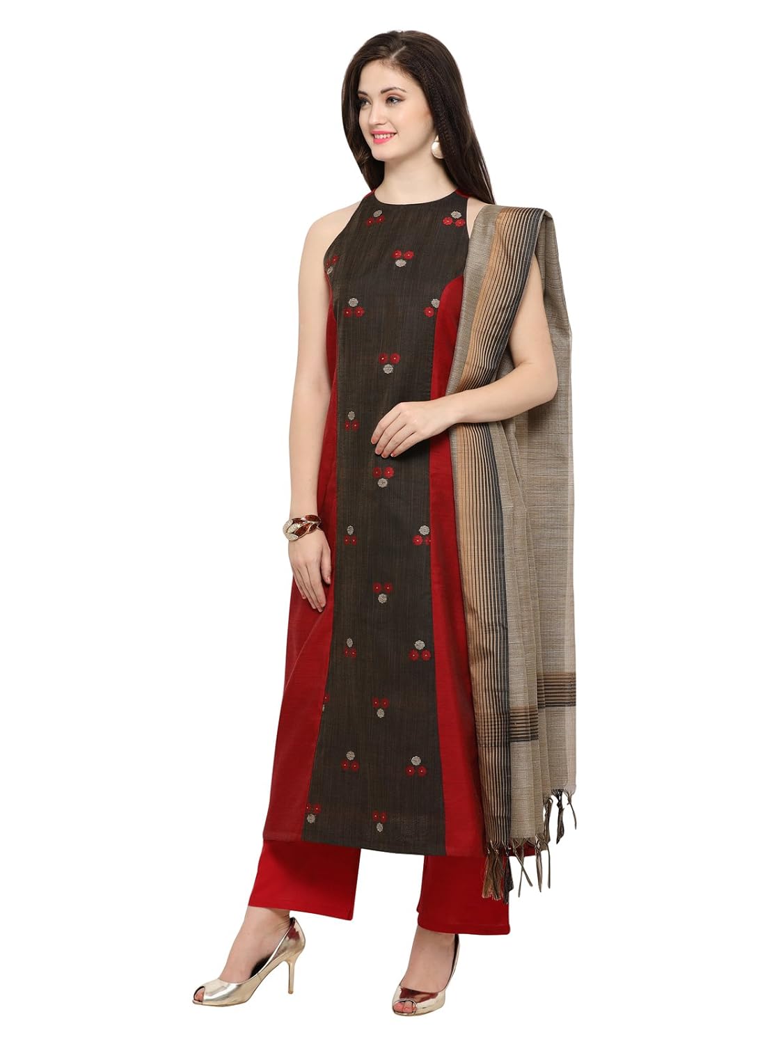 inddus brown woven stylised salwar suit with dupatta (fully stitched)