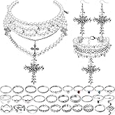 Tondiamo 33 Pcs Gothic Y2k Jewelry Set for Women Layered Pearl Cross Necklace Choker Silver Chunky Stacked Bracelets Goth Cross Pendent Earrings Vintage Knuckle Rings for Halloween Costume Accessories