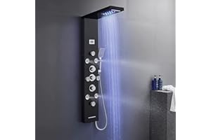 POPFLY 6 In 1 LED Shower Panel Tower System, 8 Body Massage Jets, 304 Stainless Steel Wall Mount Rainfall ＆ Waterfall Shower Column Towers with Temperature Display, Tub Spout, Black