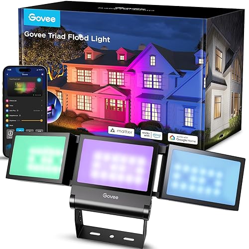 Govee Triad Outdoor Flood Lights, RGBICWW Floodlight 4500LM, IP66 Smart Outdoor Light Work with Matter & Alexa, Aluminum Alloy, Garden, Garage, Yard
