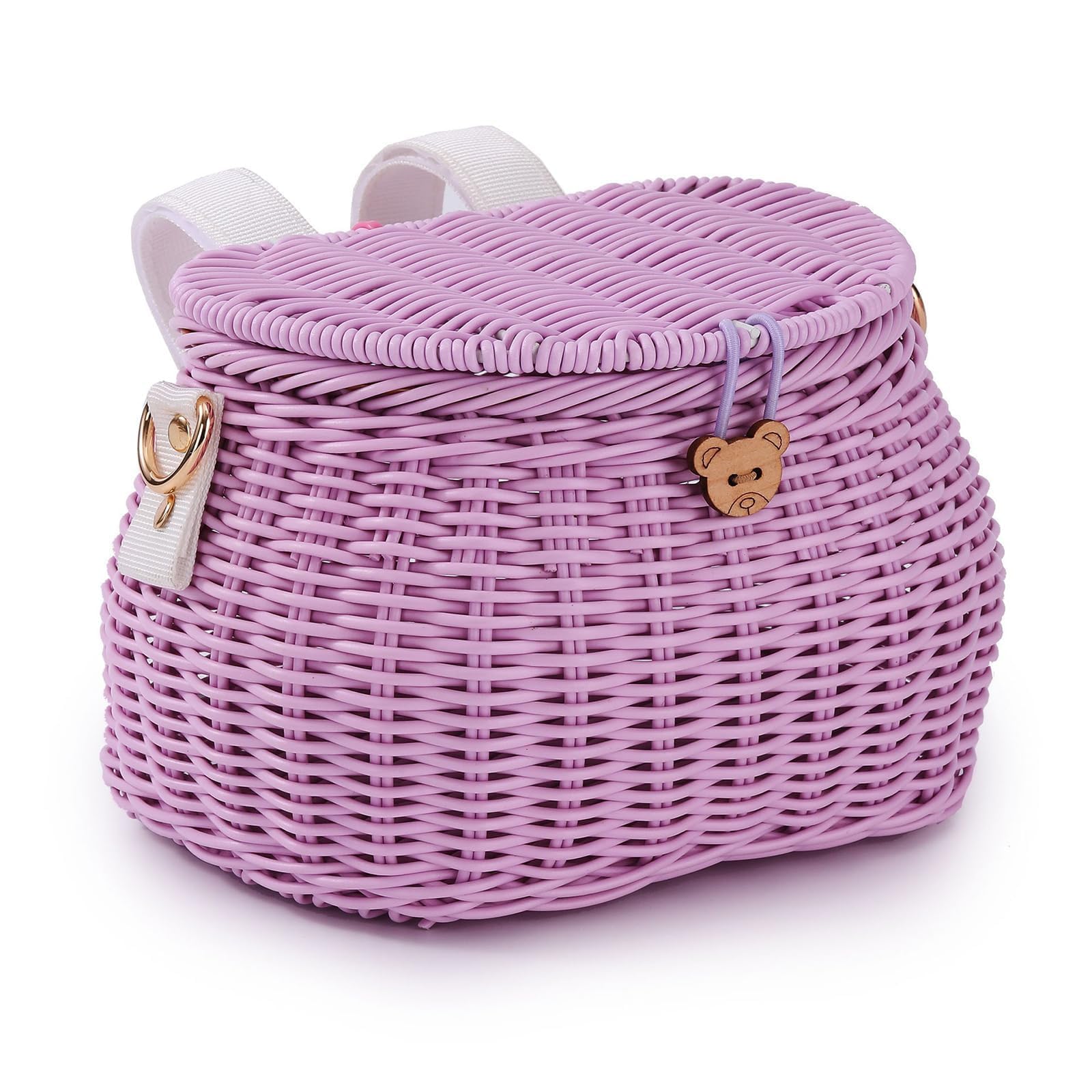 SVNR Kids Bike Basket Set, Bike Scooter Tricycle Basket, Children Cycling Basket, Children Bike Basket Handwoven Backpack with Lid Shoulder Strap, Rattan Basket, Front Handlebar Basket, Purple