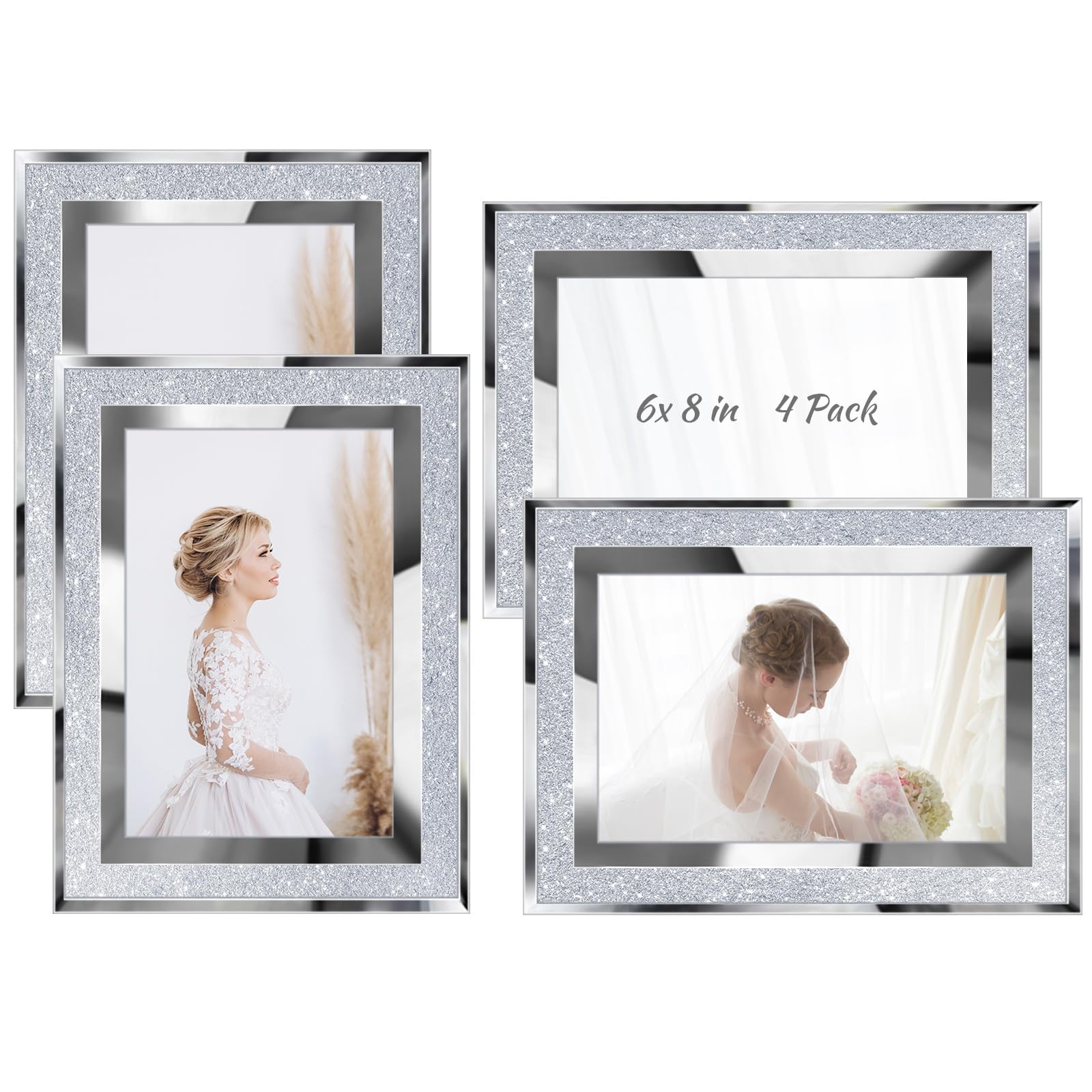 Queekay 4 Pack Glitter Picture Frame 6 x 8 Inch Crystal bling Mirror Picture Frame Wall Decor for Graduate Wedding Home Table, Silver