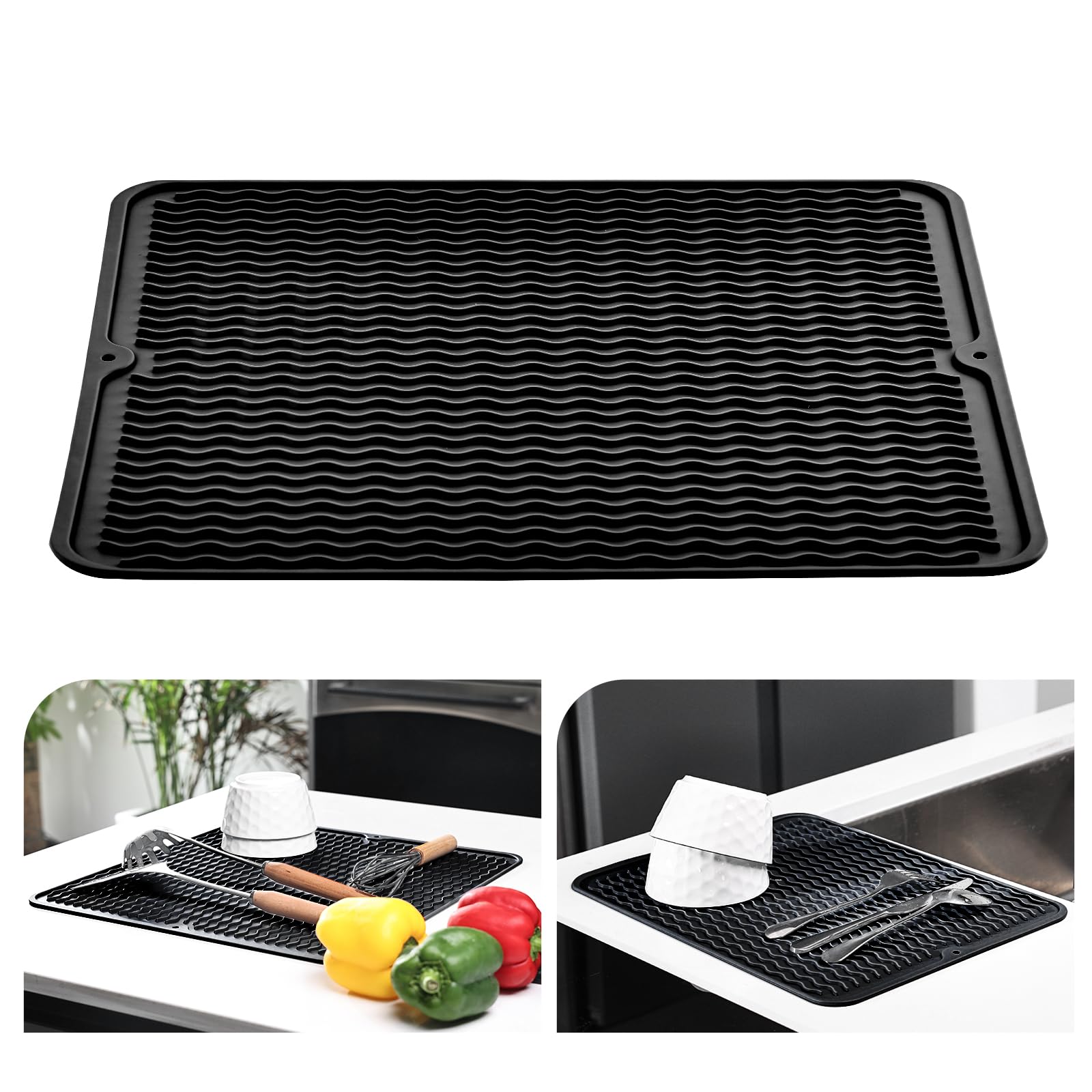 KitchenRaku Dish Drying Mat, Silicone Draining Board Mat, Heat Resistant Dish Draining Mat for Kitchen,Non-Slip Silicone Trivet,Table Mat,Pot Holder,Placemat,Spoon Rest, Coaster (Black, 40x45cm)
