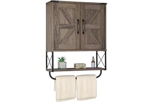RUSTOWN Farmhouse Medicine Cabinet with 2 Barn Door, Wood Wall Mounted Storage Cabinet with Adjustable Shelf and Towel Bar, 3-Tier Bathroom Cabinet for Bathroom, Living Room(Washed Oak, Medium)