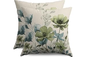 sorfbliss Spring Floral Pillow Cover 18x18 Inch Set of 2 Blue Green Flower Pattern Print Decorative Throw Pillowcases Seasona