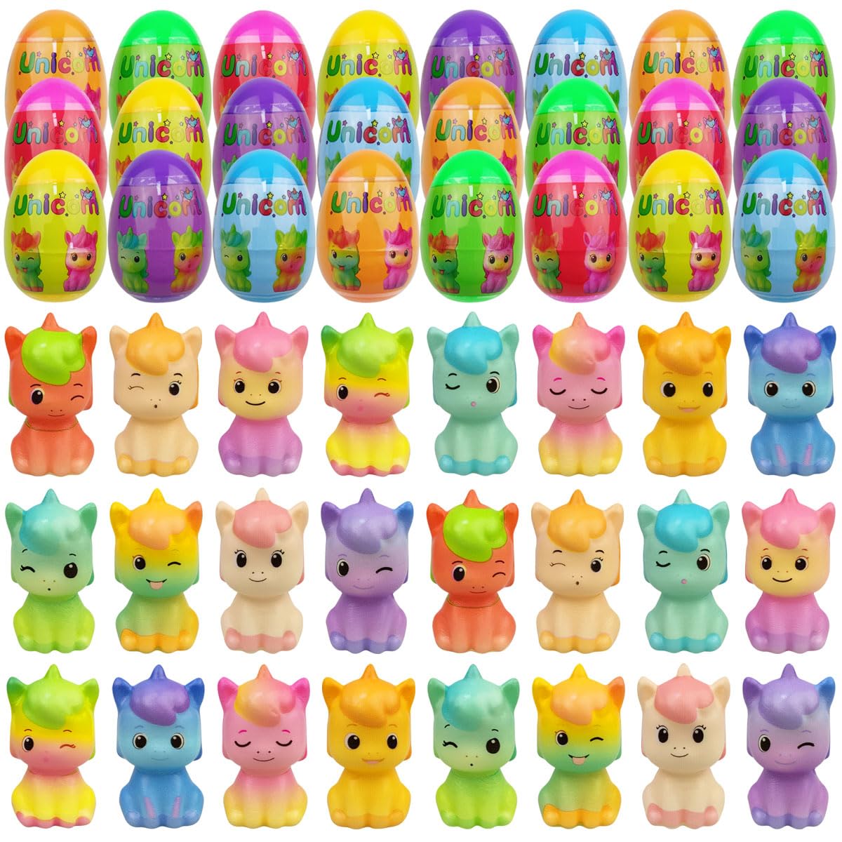 Muyiz 24 Pack Prefilled Easter Eggs with Unicorn Slow Rising Squishy Toys Inside for Kids Girls Boys Easter Basket Stuffers Gifts Unicorn Party Favors