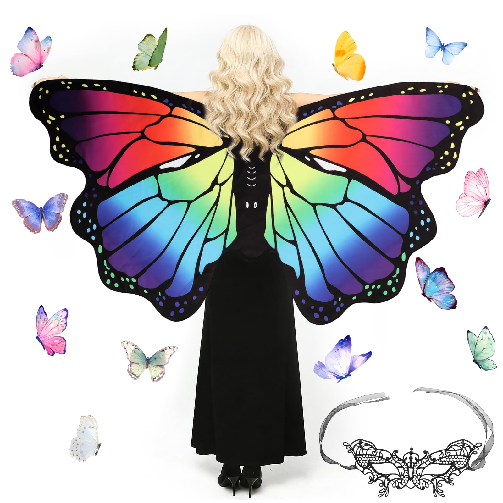 Plliocse 2 Pcs Womens Butterfly Wings with Mask, Adults Sparkling Sheer Fairy Wing Perfect for Easter Christmas Halloween Cosplay (Rainbow-colored Wings)