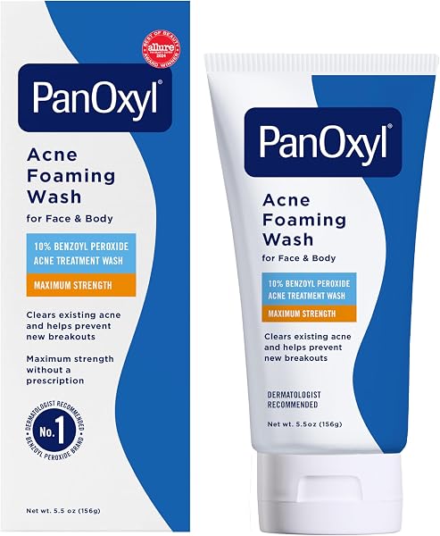 PanOxyl 10% Benzoyl Peroxide Acne Foaming Wash, Maximum Strength, Daily Acne-Fighting Face and Body Cleanser, Face Wash to Cl