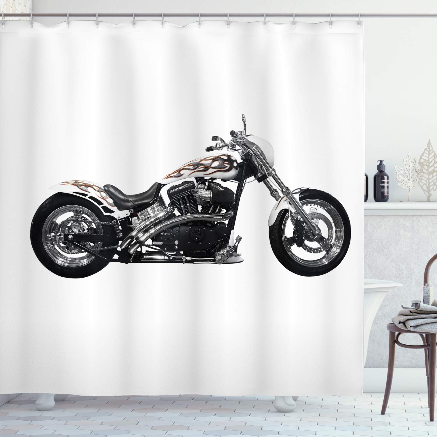 ABAKUHAUS Manly Shower Curtain, Motorbike Hipster Style Dangerous Risky Ride Driving Vehicle Throttle Chopper, Cloth Fabric Bathroom Decor Set with Hooks, 78 Inches, Black White Grey