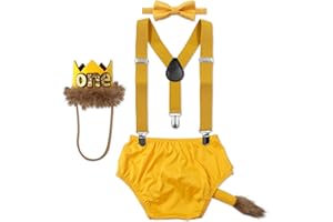 Gicoherero Baby Boy Safari First Birthday Cake Smash Outfit Wild One Birthday Outfit King of The Jungle Zoo Animals Party Outfit Bloomers Bowtie Crown Adjustable Y Back Suspenders Strap Clip Costume