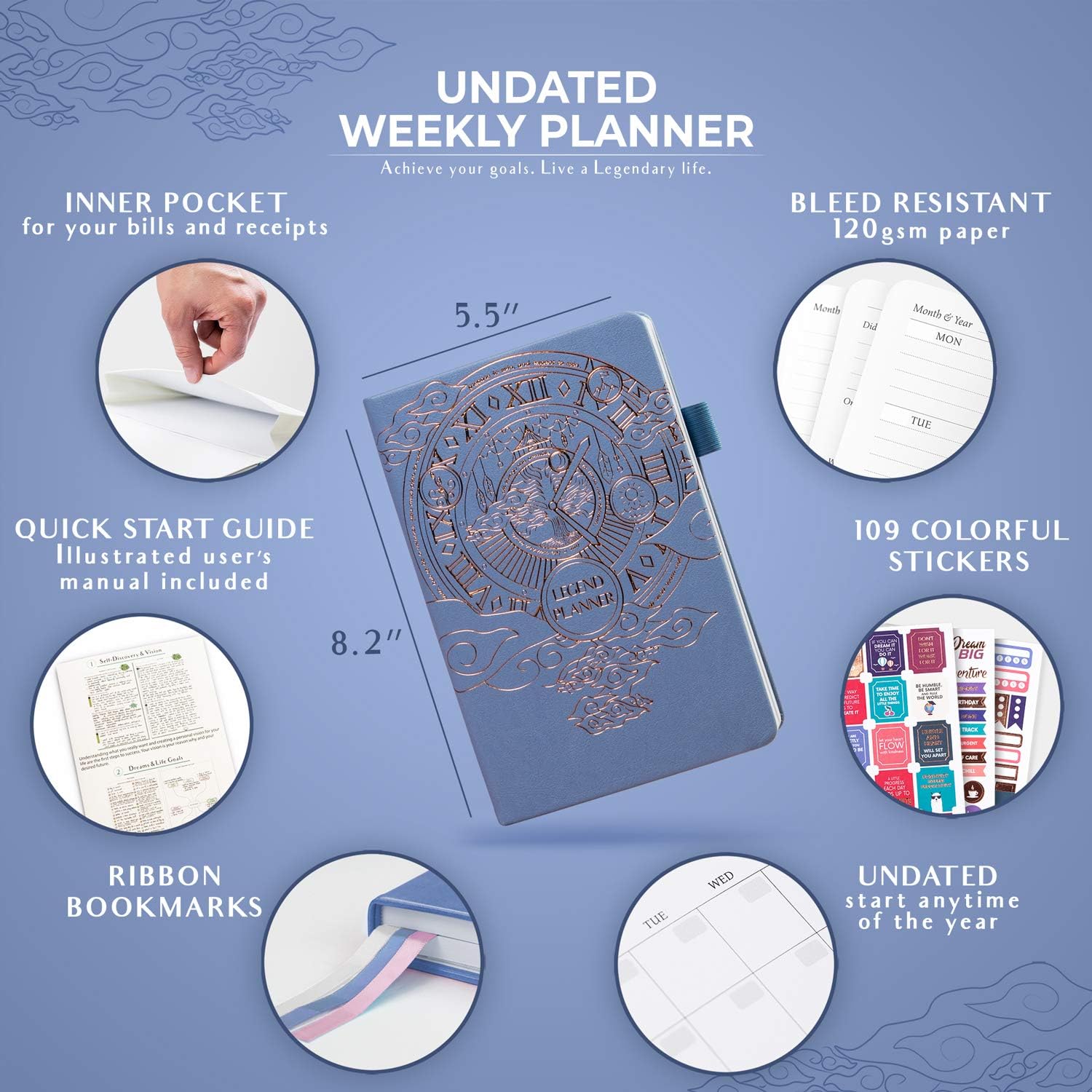 Legend Planner – Deluxe Weekly & Monthly Life Planner to Hit Your Goals & Live Happier. Organizer Notebook & Productivity Journal. A5 Hardcover, Undated – Start Any Time + Stickers – Periwinkle Gold - Image 3