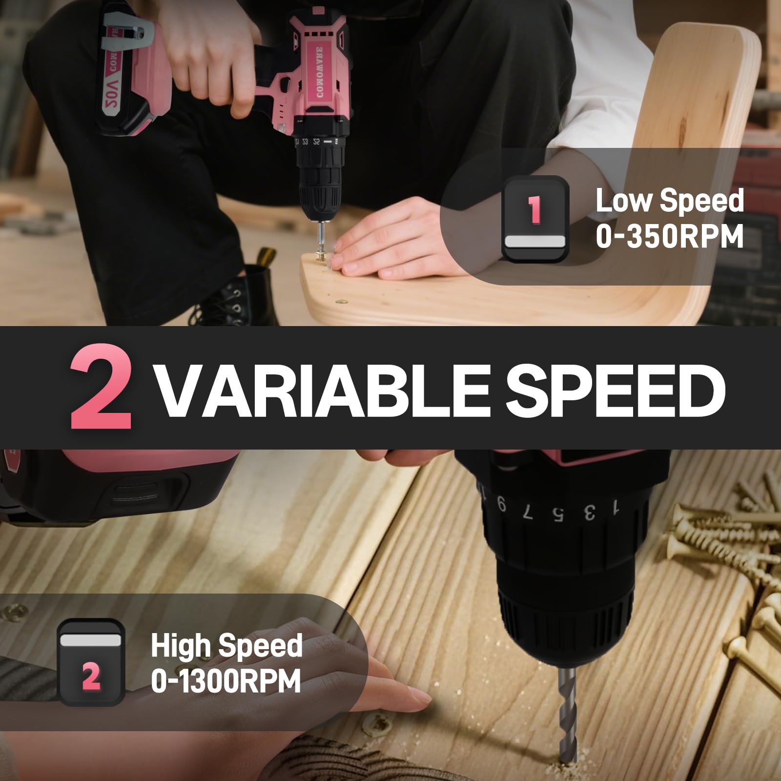 COMOWARE Cordless Drill Set, 20V Pink Power Drill Set for Women, 1 Battery & Charger, 3/8