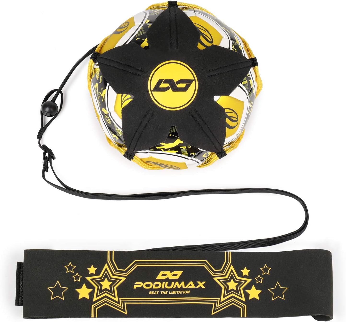 PodiuMax Hands-Free Soccer Kick/Throw Trainer, New Ball Locked Net Design, Adjustable Waist Belt & Cord Suit for All Levels (Fits Ball Size 3, 4, 5)
