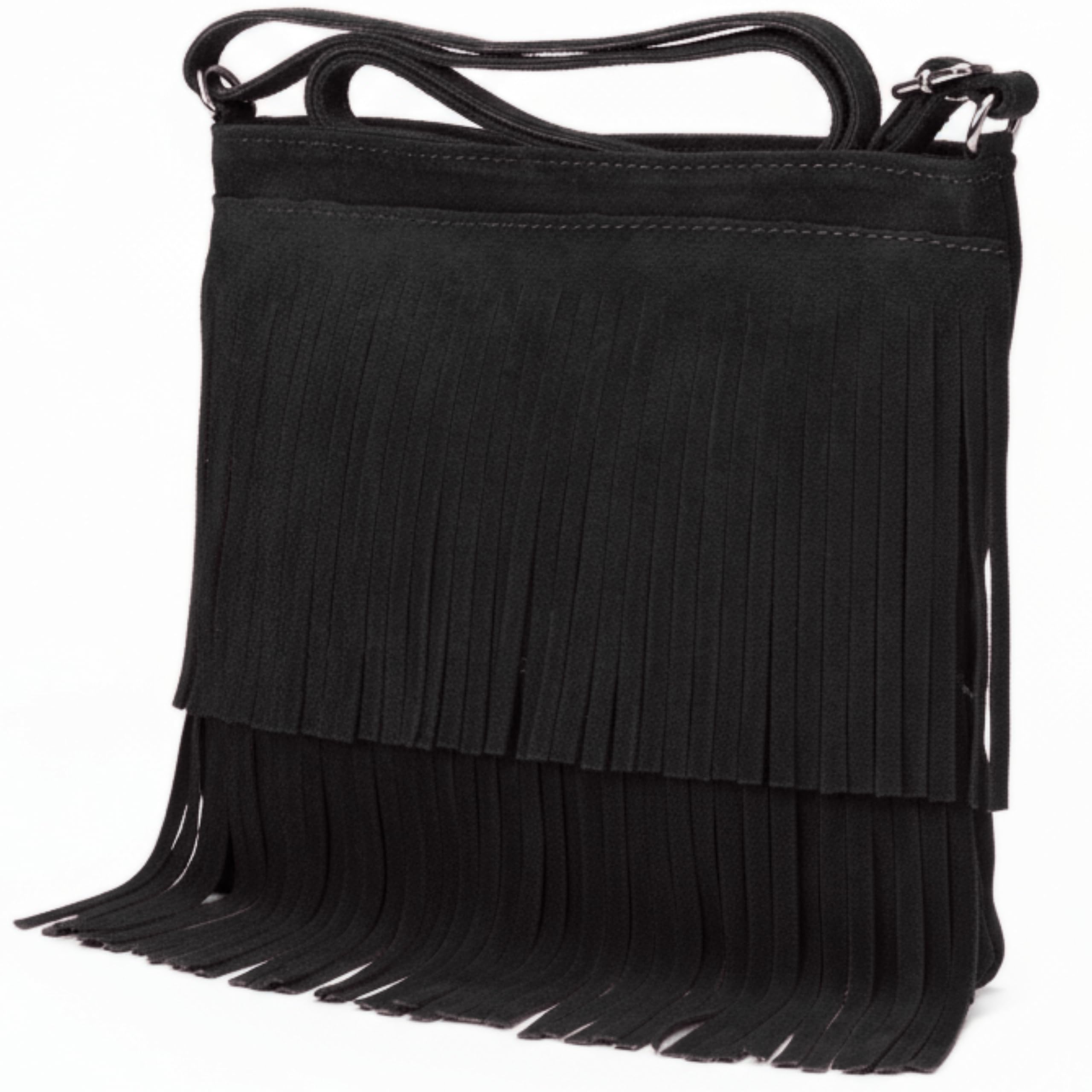 LiaTalia Womens Fringe Handbag - Real Italian Suede Leather - Tassle Effect Shoulder Bag in Small Size - Robin [Black]