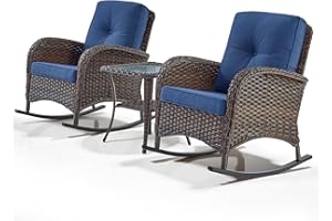 Belord Wicker Porch Rocking Chairs - 3 Pieces Patio Bistro Set High Back Outdoor Rocker Chairs Set with Side Table for Deck Balcony Brown