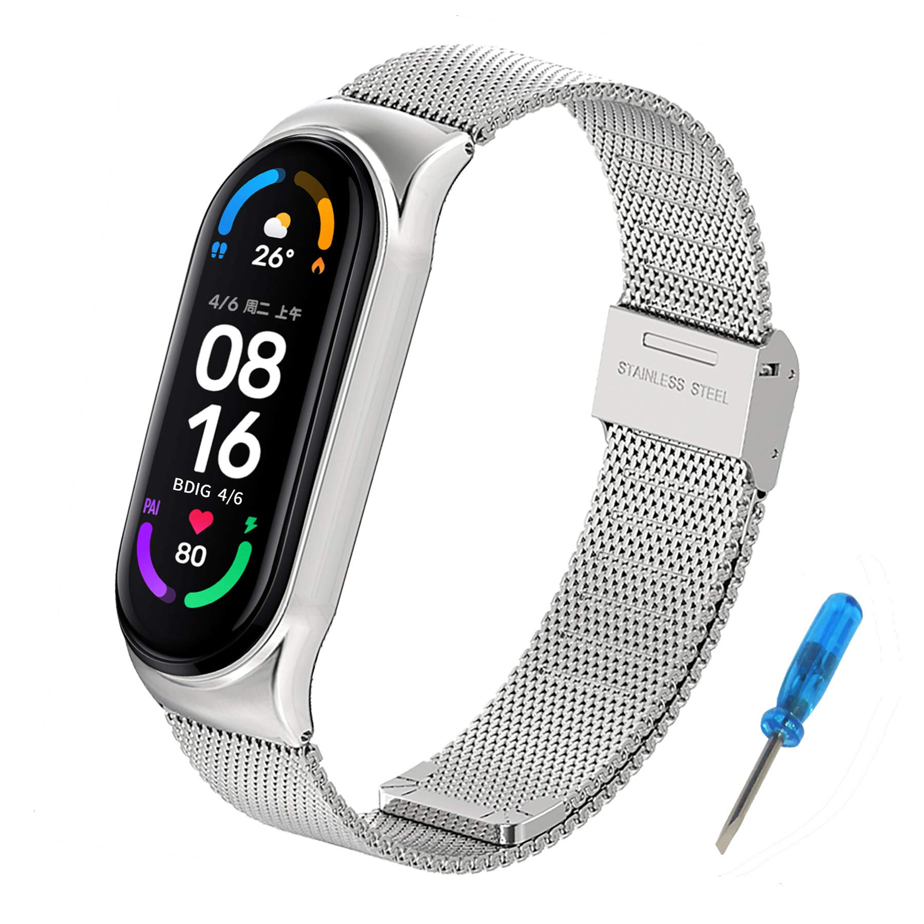 BDIG Compatible with Xiaomi Mi Band 5/6/4/3, Metal Watch Strap, Silver, 12mm x 220mm, Stainless Steel, Milanese Style, Waterproof