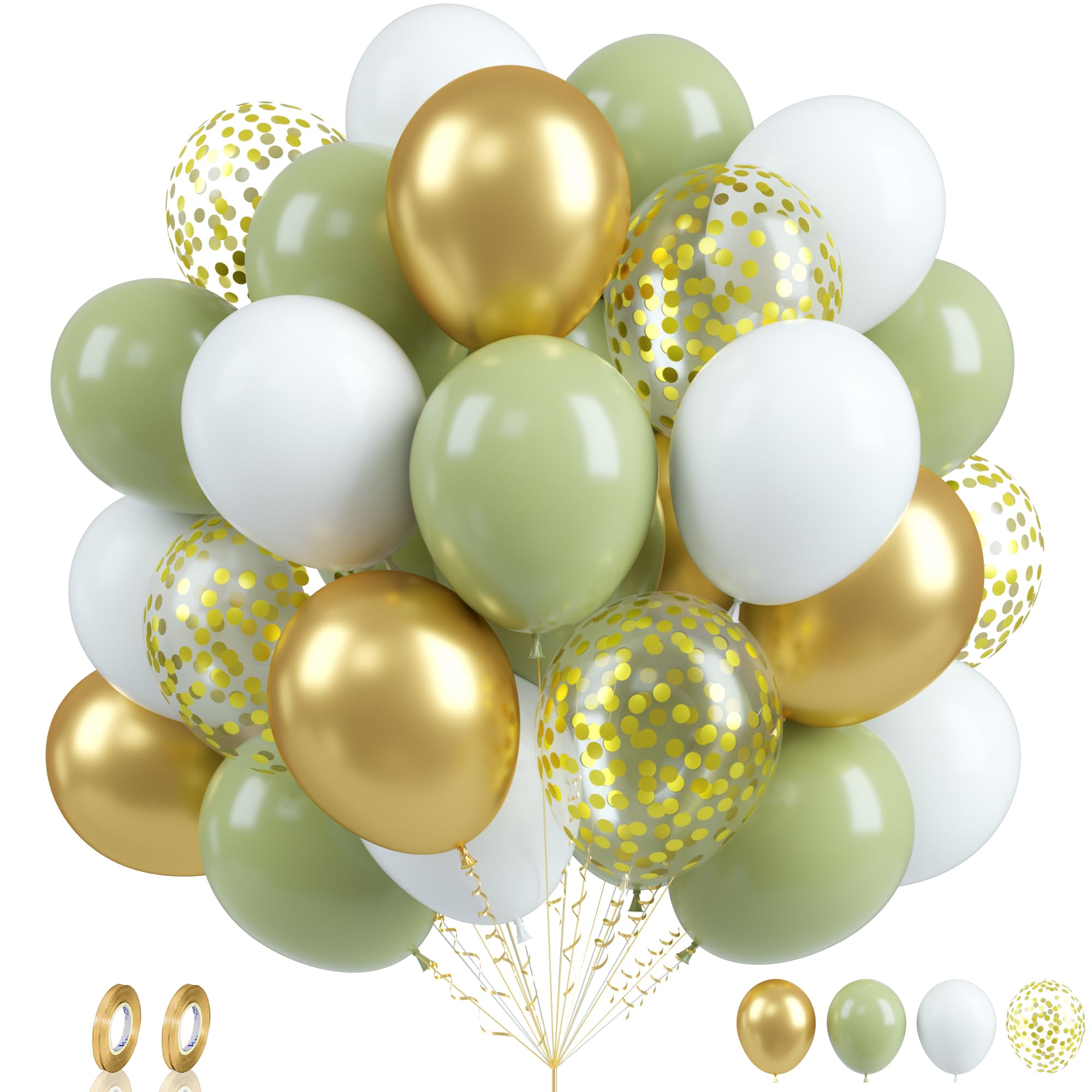 Biapian Green Gold Balloons Set, 60PCS Sage Green White Balloons, 12Inch White Gold Confetti Balloons Metallic Gold Green Latex Balloons Helium for Jungle Birthday Wedding Baby Shower Party Decoration