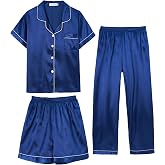 Hupohoi Unisex Girls Boys Pajama Sets Button Down Satin Sleepwear Nighty | 100% Polyester Satin, Silky Softness Fabric, Button/Down/3PCS/Shorts/Pants, Gift for Sleepover Parties, Kids 6-18 Years
