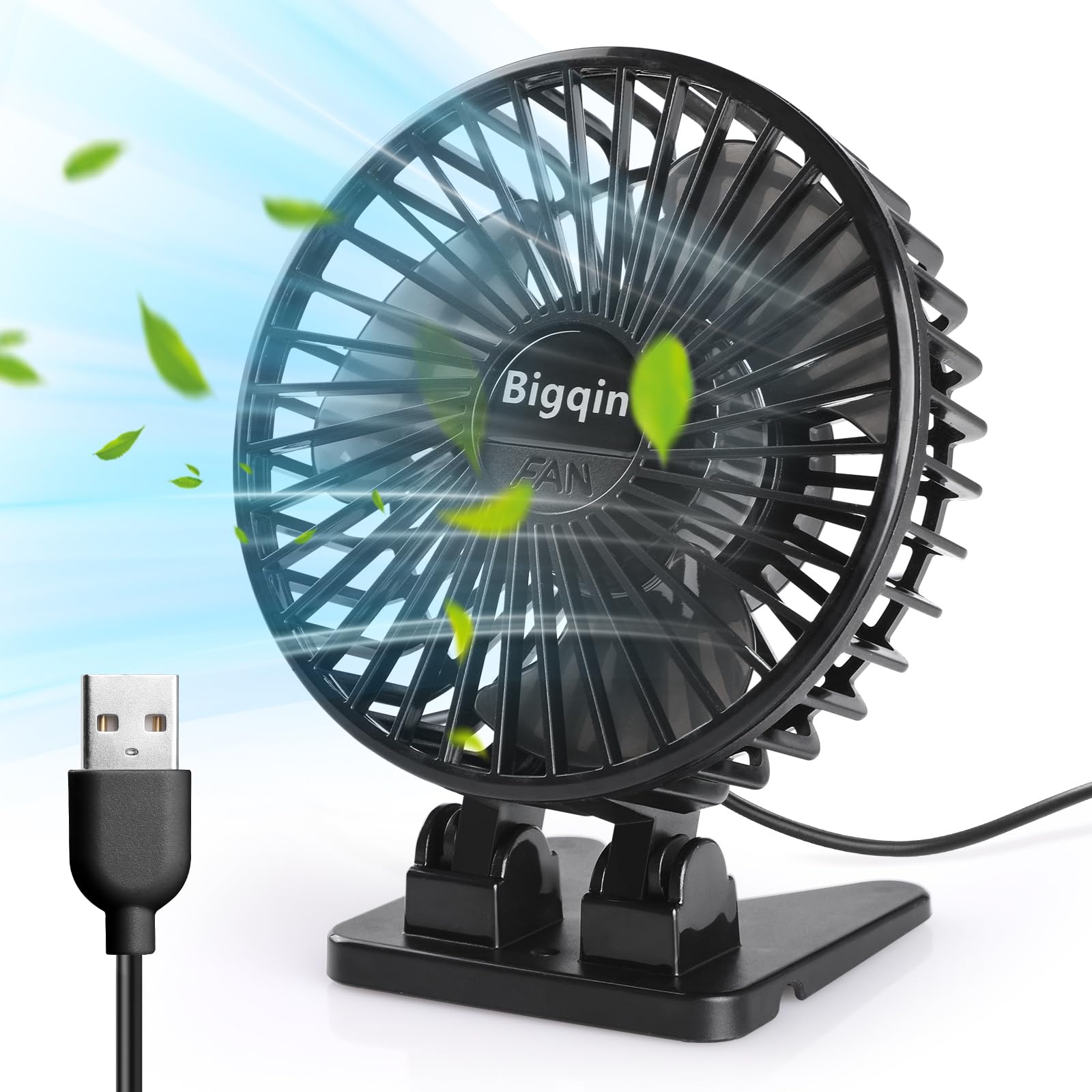 Bigqin USB Fan, Mini Table Fan with 3 Speeds, Portable Fan, Small for Office, Bedroom, Camping, Black