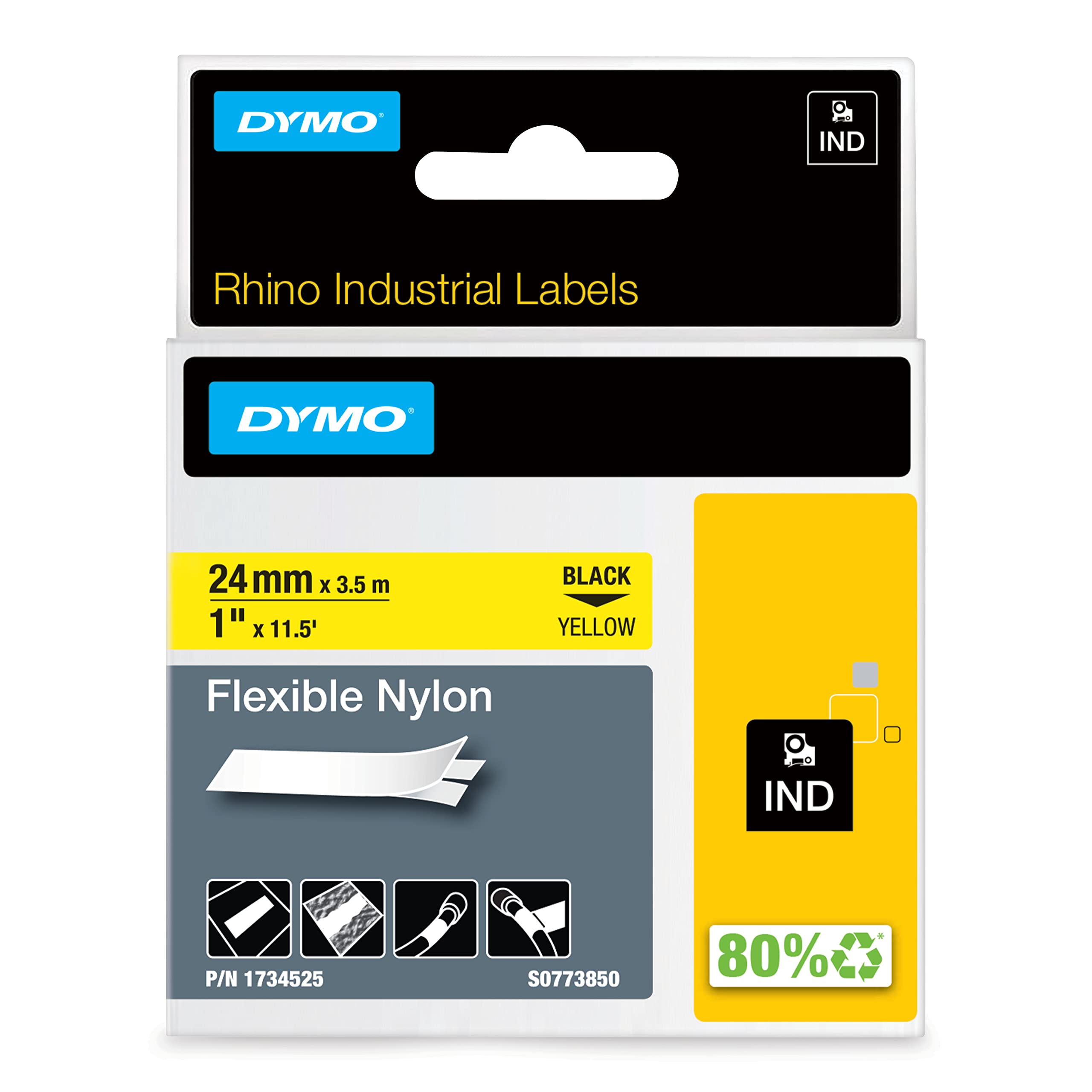 Dymo Rhino Industrial Labels Flexible Nylon 24 mm x 3.5 m - Black on Yellow