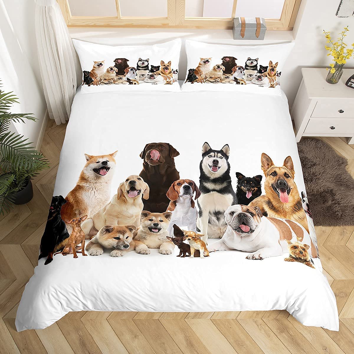 Dogs Duvet Cover Set, Cute Pet Patterns Comforter Cover, White Background Bedding Set, Soft Microfiber Decoration Room Quilt Cover for Kids Boys (1 Duvet Cover with 2 Pillow Case) Double Size — image 1