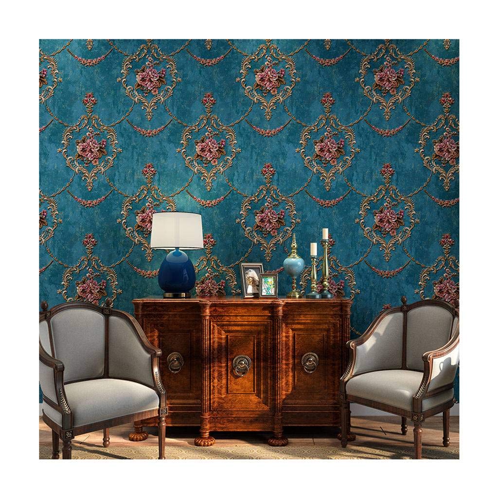 JLWM Wallpaper Baroque American 3D Relief Non-Woven Pastoral European Style Luxurious Vintage Retro-Blue-0.53x10m