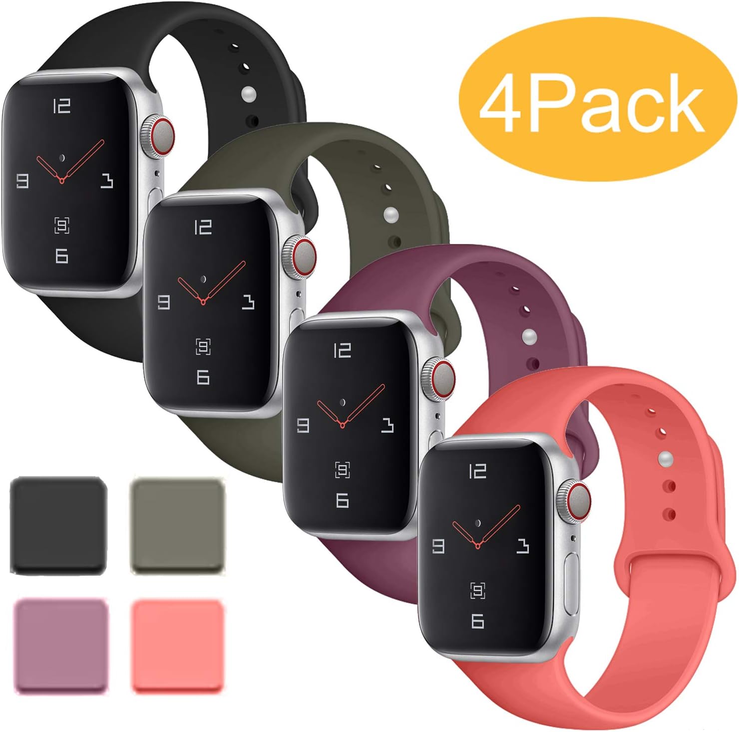 Misker Sport Band Compatible with for Apple Watch Band 38mm 40mm 42mm 44mm, Soft Silicone Sport Strap Compatible with iWatch Series 5 4 3 2 1 (Wine red/Olive/White/Coral red, 42mm/44mm M/L)