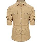 UpFind Men's Western Cowboy Shirt Khaki Long Sleeve Cotton Slim Fit Casual Button Down Shirts with Pockets, XX-Large