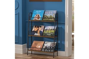 Jakyitvi Vinyl Record Storage, Vintage Industrial Vinyl Record Holder for Up to 150 Albums, 3 Tiers Metal and Wood Record Display Shelf for LP Records, CDs, Books, Magazine