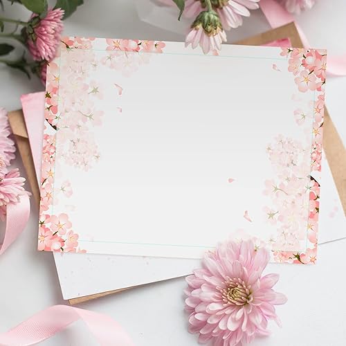 50-Pack Cherry Blossom Stationery Set - Letterhead & Envelopes For Printing 8.5x11"