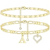 Wremily Initial Ankle Bracelets for Women Waterproof 14K Gold Plated Dainty Layered Figaro Chain Letter Initial CZ Heart Ankle Bracelets Set Summer Beach Jewelry for Women