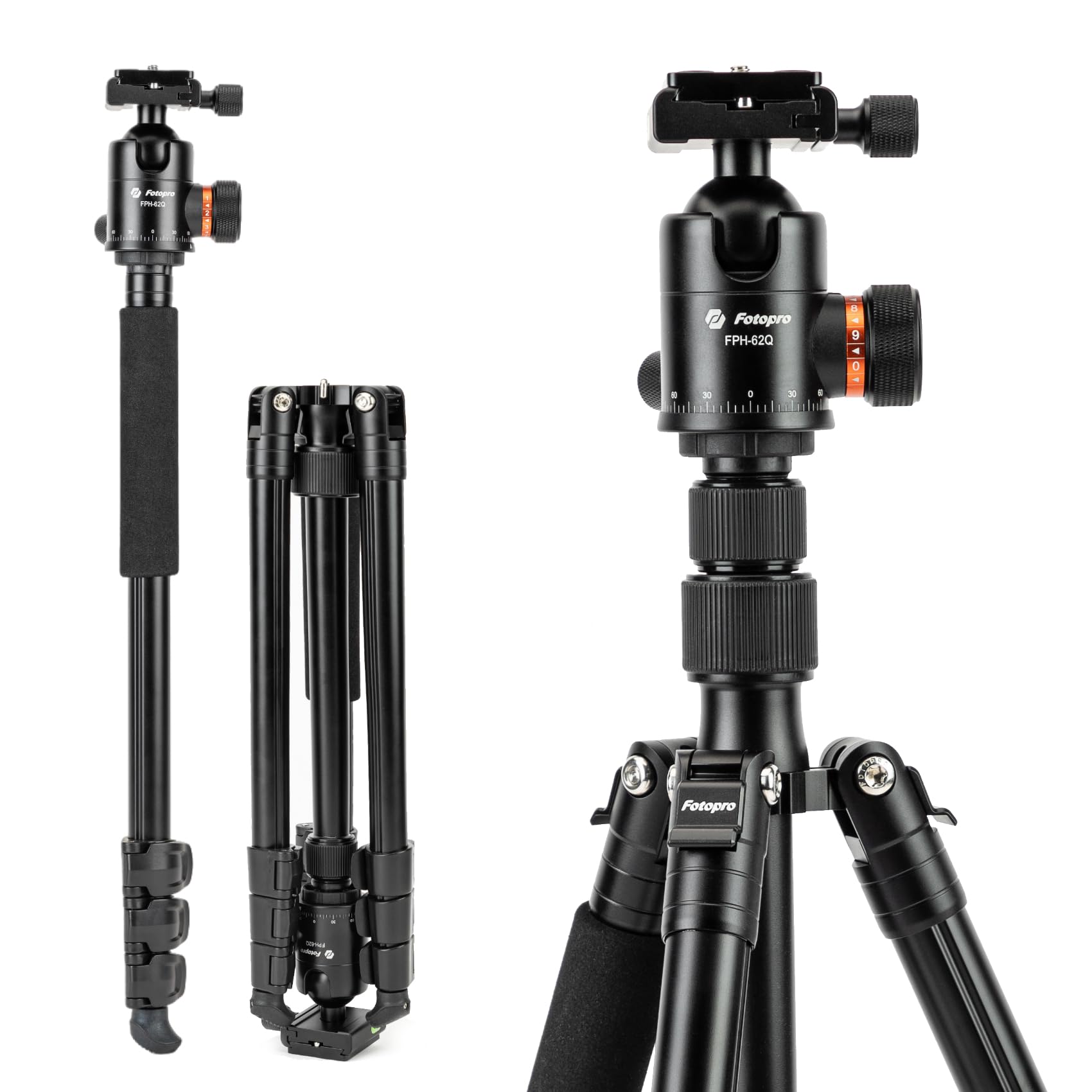 Fotopro 165 cm / 65 inch camera tripod, 2-in-1 aluminium travel tripod and 360° head leg, removable monopod for DSLR, maximum load 8 kg/17.63 lbs