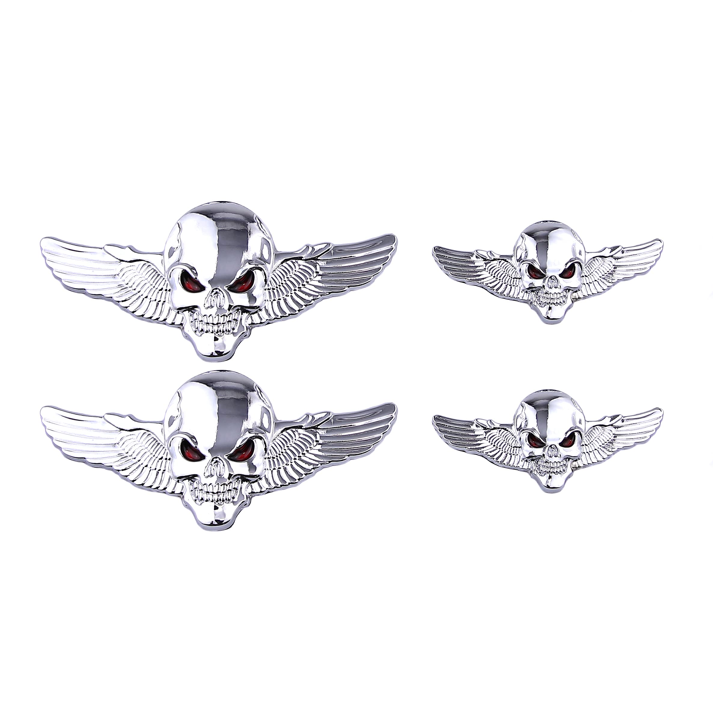 Photo 1 of **** ONLY 2 *** 4PCS Big and Small 3D Skeleton Skull Emblem Car Badge Sticker Side Rear Front Hood Trunk Door Bumper Metal Badge (Silver Red Eyes)