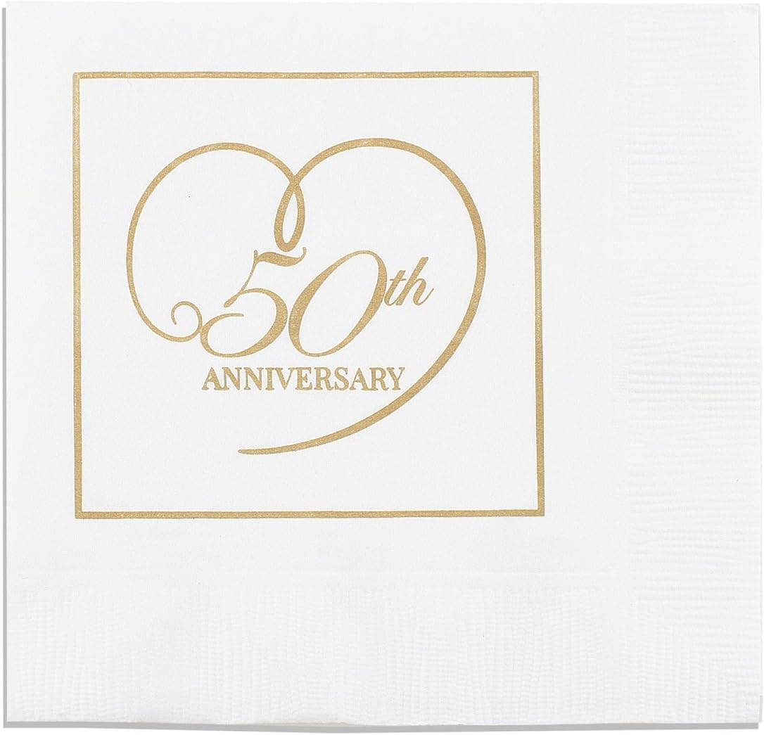 50th Anniversary Napkins Gold Heart on White 100 Count 3 Ply Beverage Napkin Party Favors