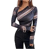 SOLY HUX Women's Elegant Long Sleeve Shirts Tie Dye Ruched T Shirt Asymmetrical Neck Fitted Going Out Tops