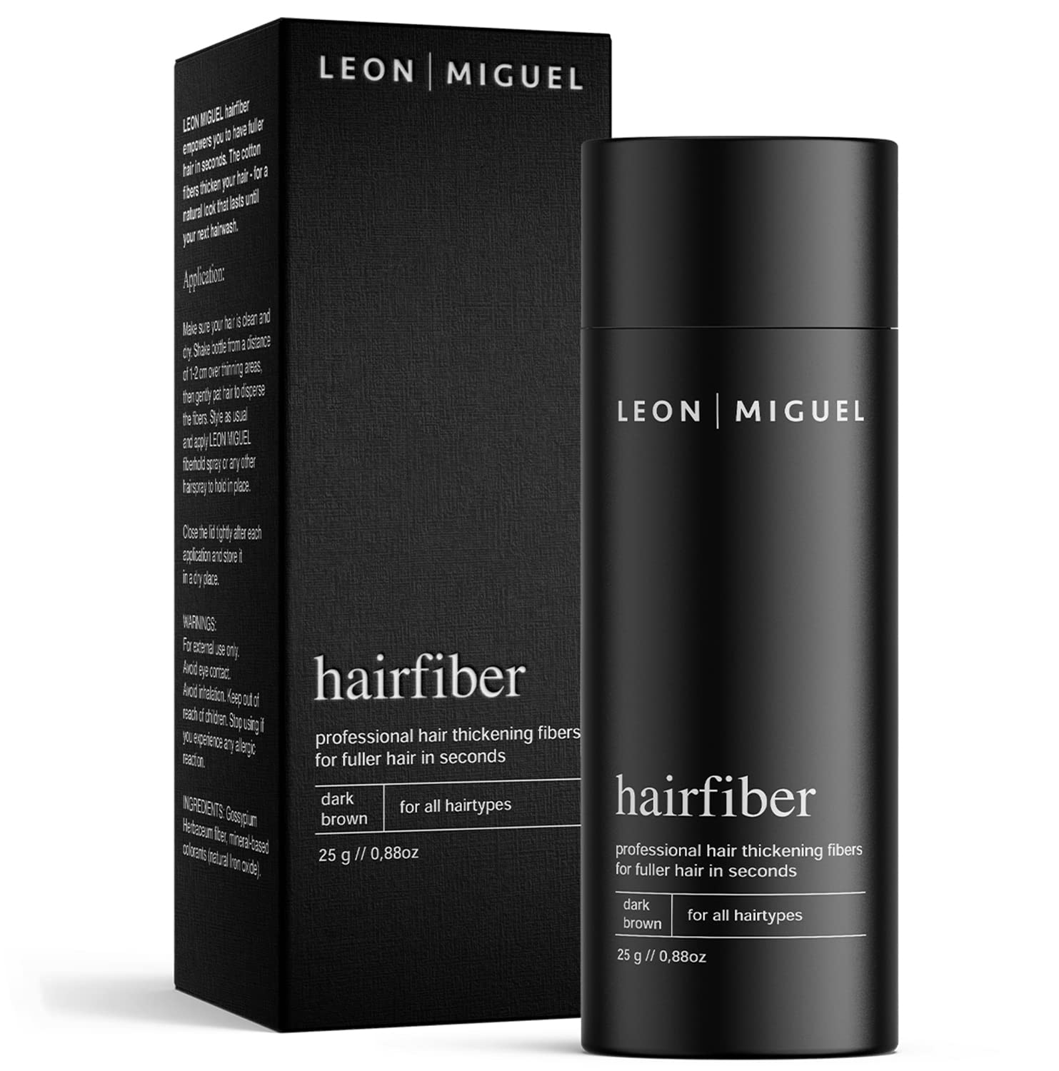 LEON MIGUEL Hair Fiber - Premium Hair Thickener – Immediately Conceals Receding Hairlines, Hair Loss, Balding Areas and Thinning Hair – Hair Powder | 25g (DARK BROWN)