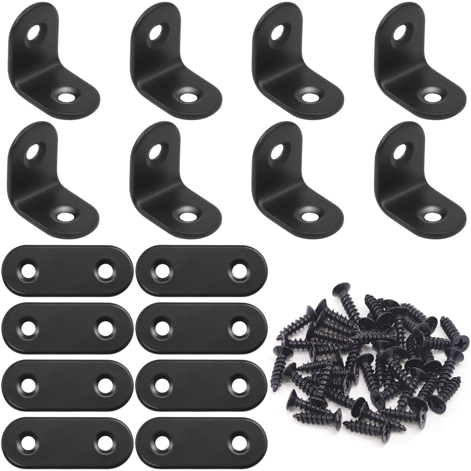 Keadic 16 Sets Black Stainless Steel Corner Brace Kit, Straight Plates Brackets & L Brackets Right Angle Bracket Fastener for Wood Chair Bookshelf Board Furniture Brackets (2020mm,402mm)