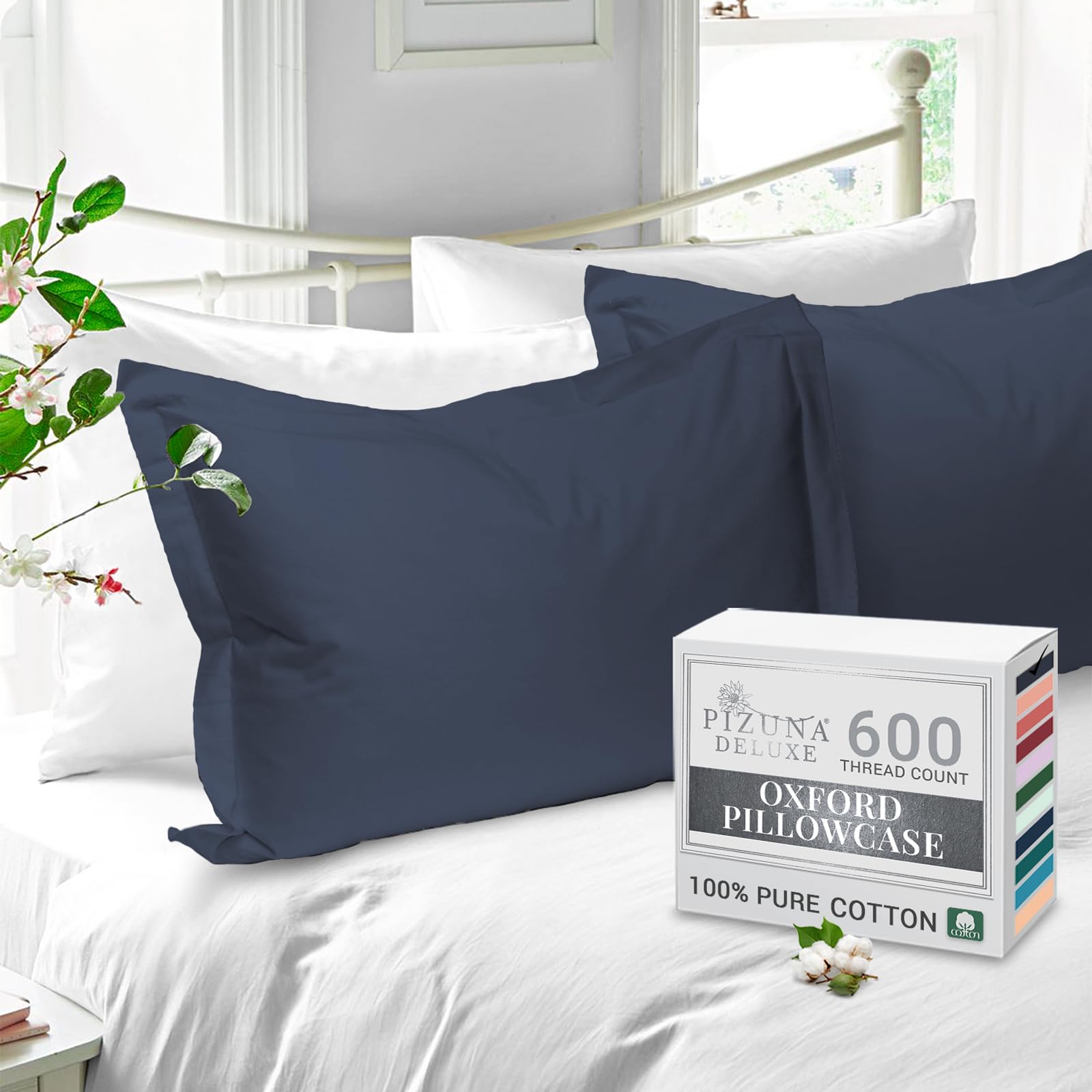 Pizuna Pure Cotton King Size Oxford Pillowcases 2 Pack Dark Blue 50x90cm, 600 Thread Count Long Staple Combed Cotton Crispy Soft Pillow Cover, Sateen King Pillow Cases