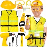 HUUIDY Construction Worker Costume with Electric Drill for Kids Ages 4-12 | Kids Dress Up Clothes Include Safety Vest and Hat, Helmet Light for Halloween Party, Career Day, Pretend Play, Birthday Gift