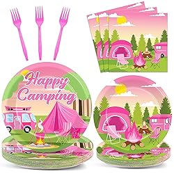 OBUSATT 100 Pcs Pink Camping Party Supplies Paper