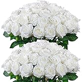 FOTEEWL 60 Pcs Artificial Rose Flower Realistic Faux Silk Roses Stem Fake Roses Bouquet for Flower Arrangement,Wedding Centerpieces,Party,Home Decorations (White)