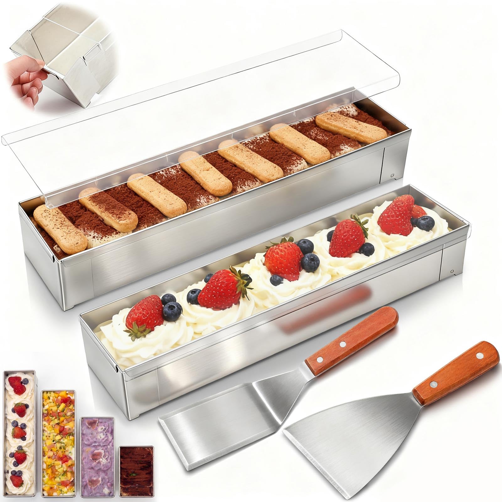 Photo 1 of Blushtier 2 Pack Nonstick Rectangle Tiramisu Cake Pan with Acrylic Lid and 2 Metal Spatula Removable Frame 304 Stainless Steel Cake Baking Molds for Tiramisu Cheesecake Mousse