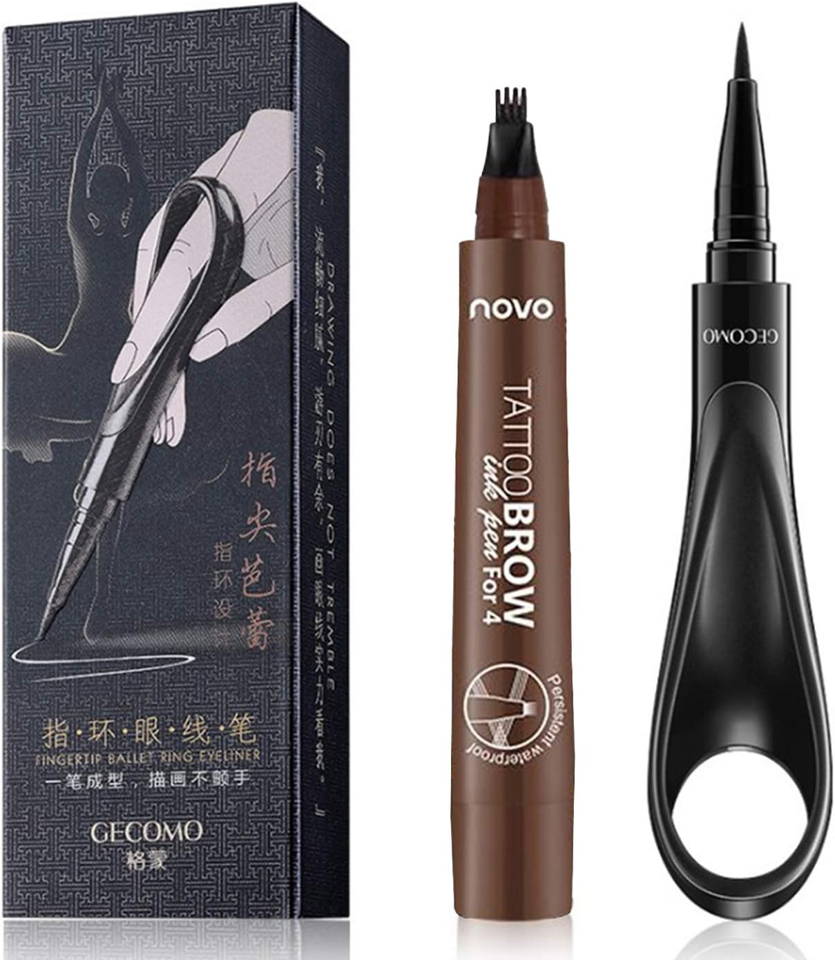 Waterproof Fork Tip Eyebrow Tattoo Pen with Eyeliner Liquid Pen, Microblading-like 3D Eyebrow Pencil Dark Brown,Natural Looking Brows Long Lasting Stay All Day Black Eyeliner Pencil Set