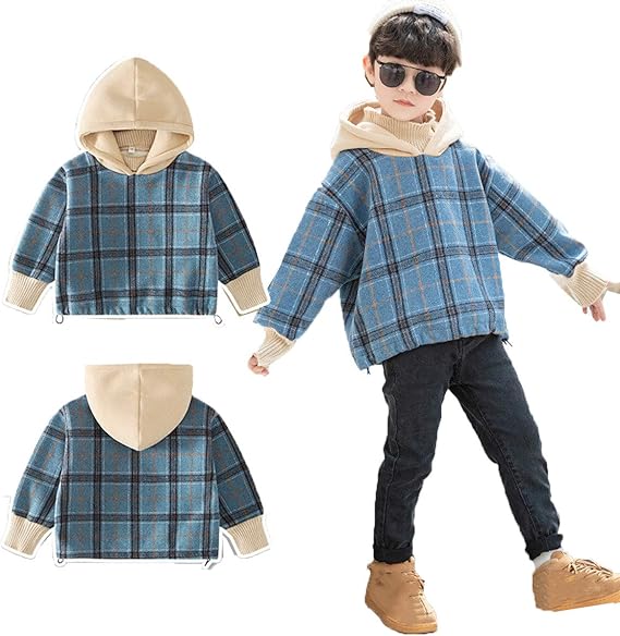 Amazon Jinpin 男の子 トレーナー 子供服 パーカー 長袖 プルオーバー トップス ボーイズ セーター キッズ 子供 フード付き ハイネック ジュニア ニット スウェット カジュアル チェック 重ね着風 カットソー ジャージ レイヤード 防寒 秋冬 トレーナー パーカー 通販
